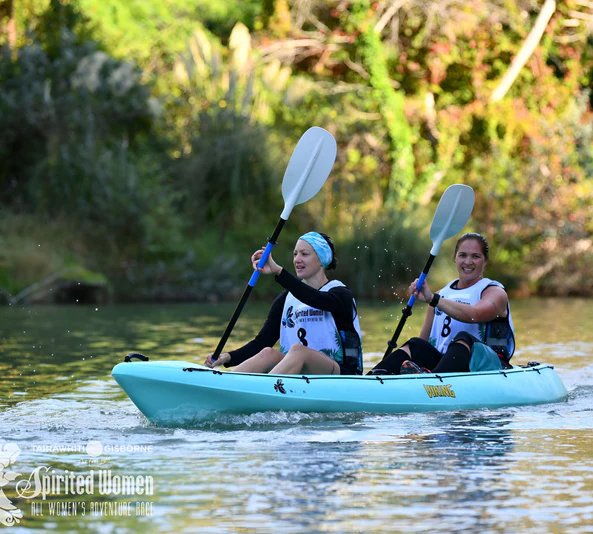 two women enjoing tandem kayaking