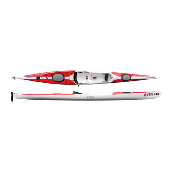 A two-view presentation of a Stellar Egret sit-on-top kayak, showing the top-down cockpit view and the side profile view. The kayak features a red and white color scheme with black accents.